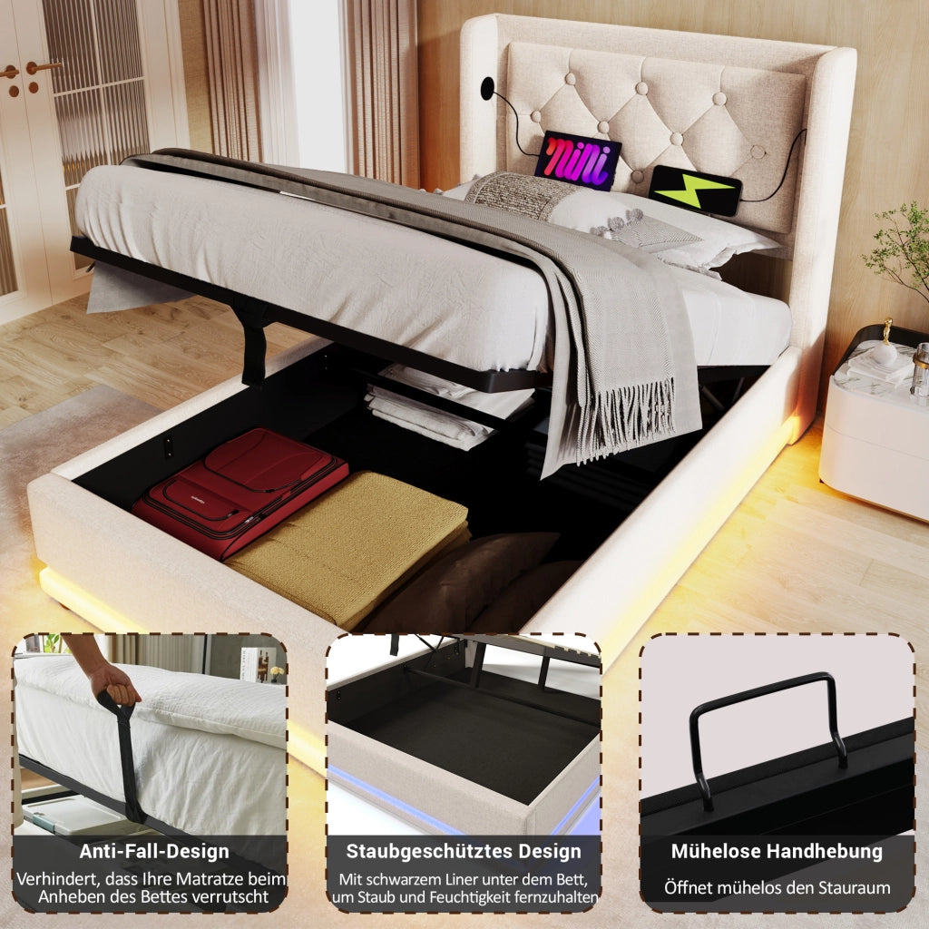 LETTO Contenitore 90x200 cm Beige in cotone, con USB Tipo-C e LED a 3 lati