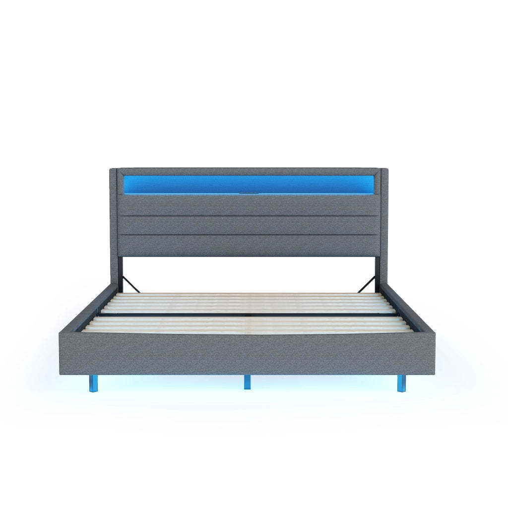 Letto imbottito 140x200 cm grigio con presa USB, luci LED e testiera reversibile