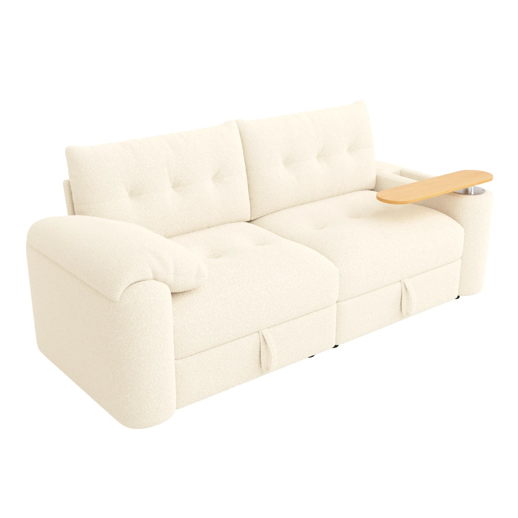 Divano modulare 2-3 posti in teddy, con contenitore, tavolino integrato e poggiatesta, Beige