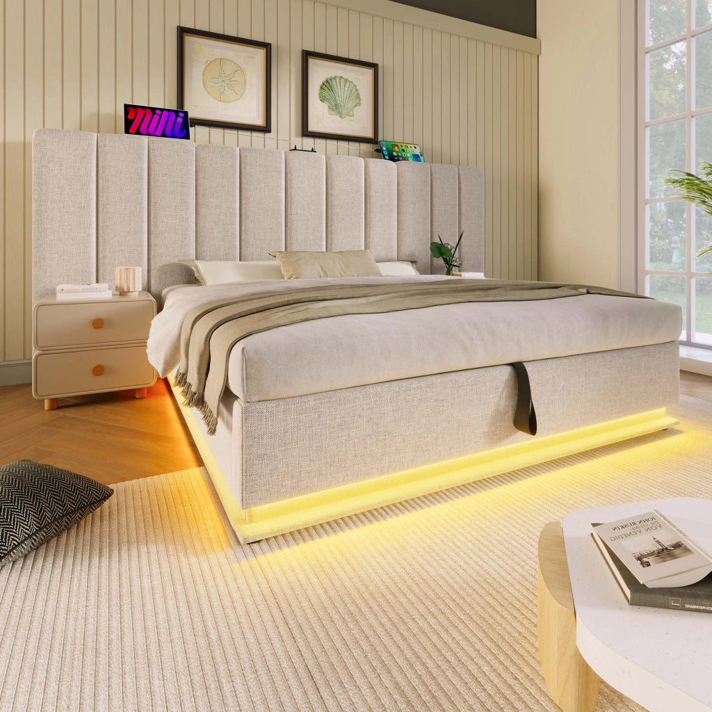 LETTO Contenitore 160x200 cm Beige in lino con LED e ricarica USB-C