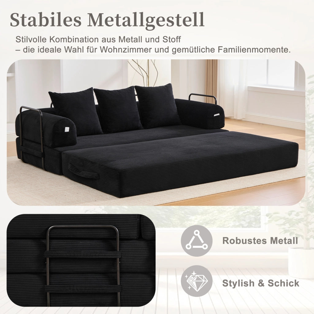 DIVANO modulare 200x94x67 cm in velluto a coste nero con 3 cuscini