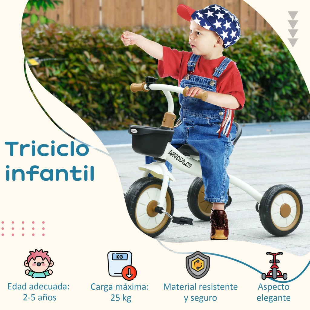 Triciclo per Bambini 2-5 Anni con Cestino e Campanello ¨C zephmum ¨C Crema 70.5x53x58 cm