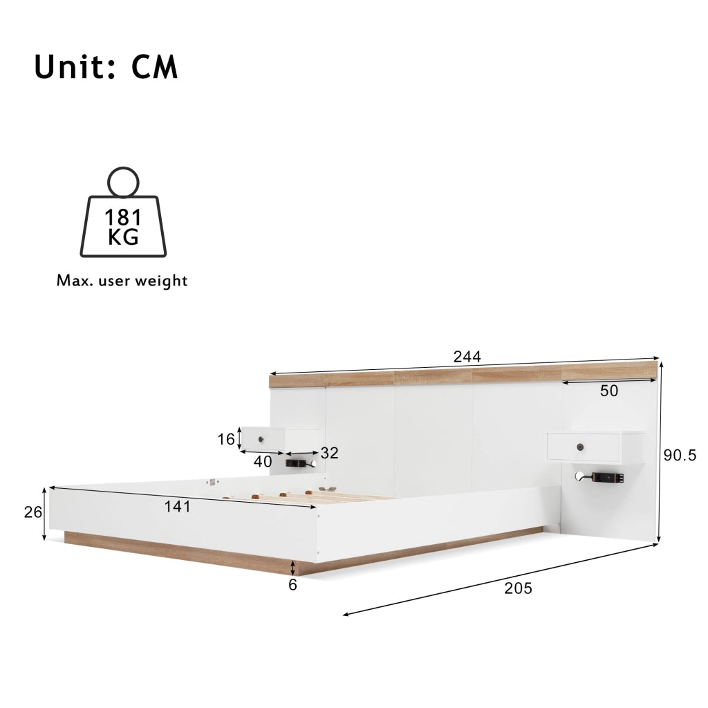 LETTO 140x200 cm con 2 comodini LED, USB/Tipo C, Bianco e Rovere Sonoma