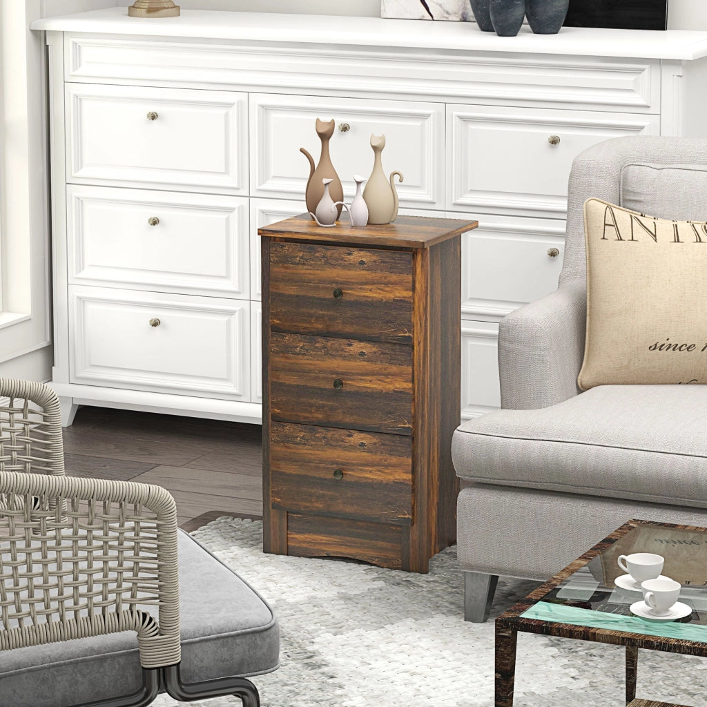 Comodino 3 Cassetti Rustico in Legno ¨C Minimal ¨C 40x30x74 cm Marrone