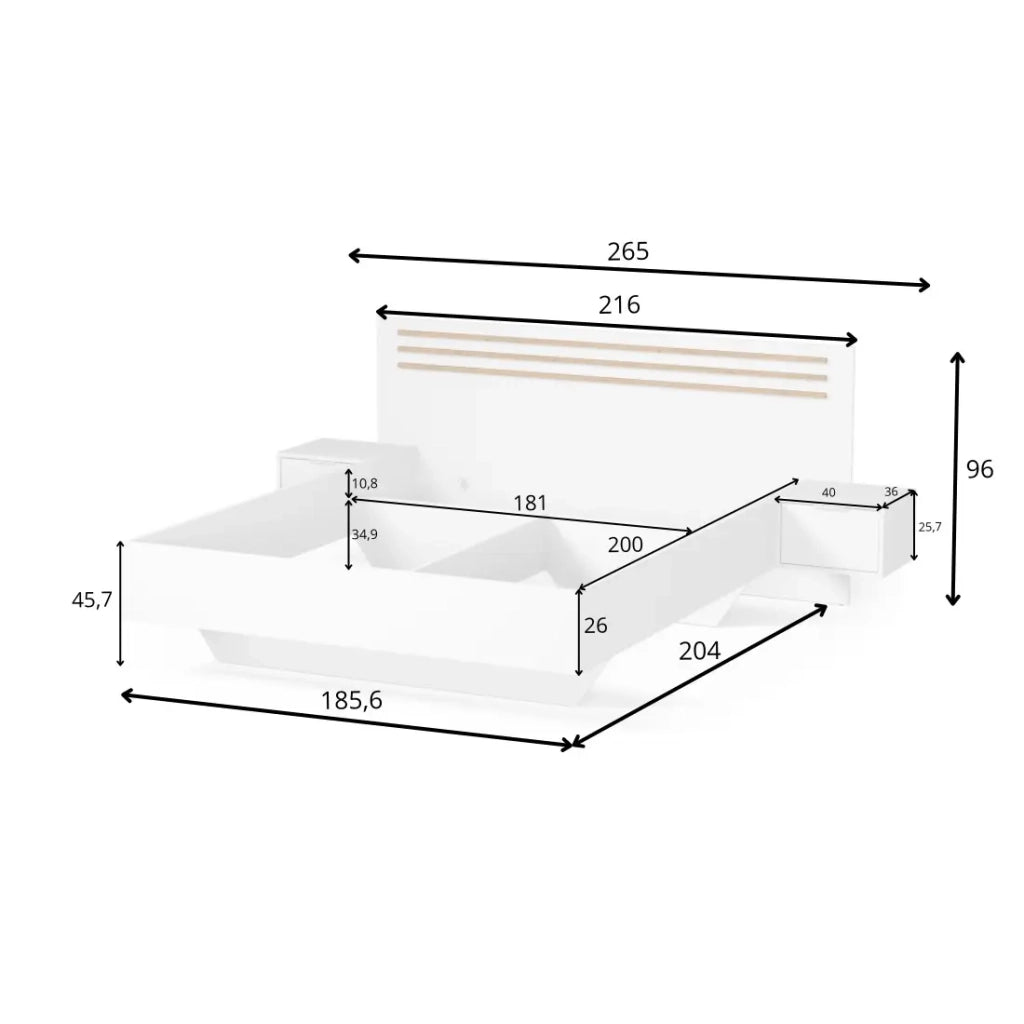 Letto FLORENCE – 180x200 cm – Bianco – Con due comodini – Rete e cassetti non inclusi