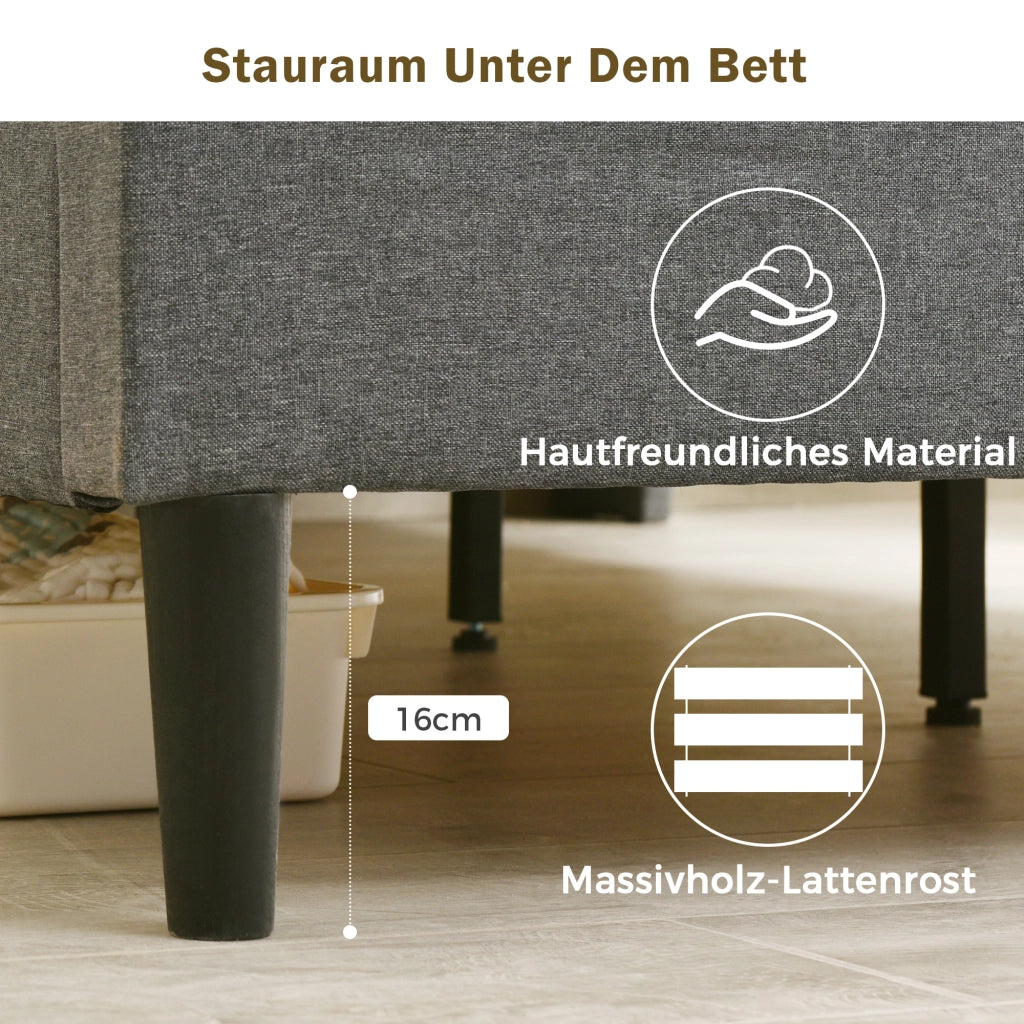 LETTO matrimoniale 140x200 cm grigio con testiera contenitore, USB e LED