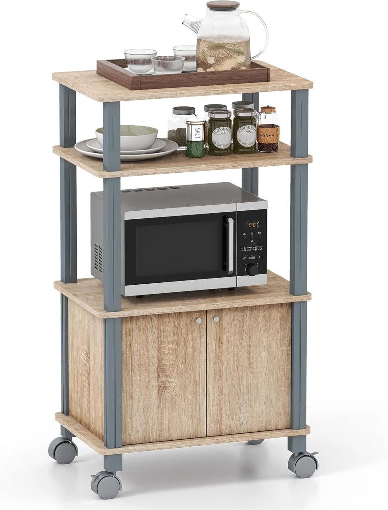 Scaffale da Cucina per Microonde Carrello da Cucina, con Ruote e 2 Ante, Multifunzionale e Movimento Flessibile, 60x40x98 cm (Naturale)