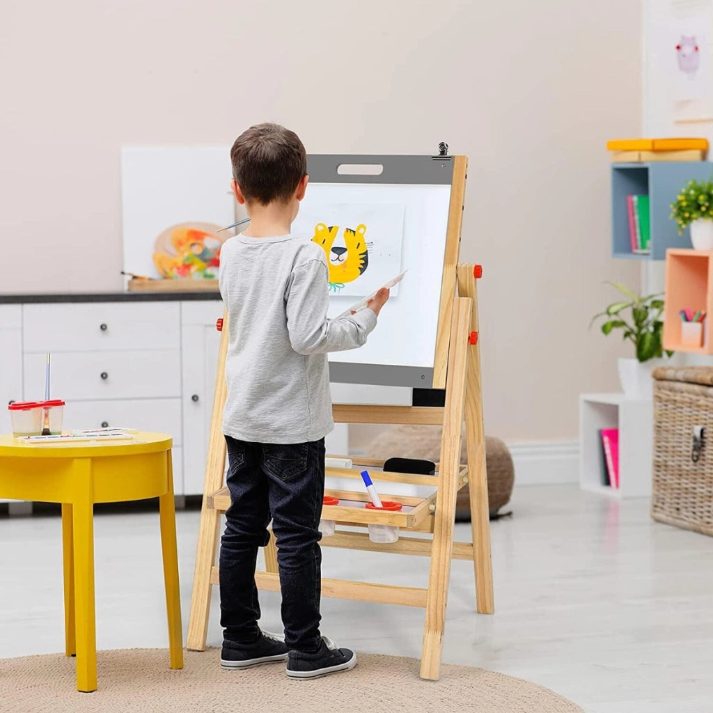 Cavalletto 3 in 1 pieghevole per bambini con altezza regolabile e vassoio, Cavalletto artistico di legno Grigio-Cavalletti e lavagne bambini