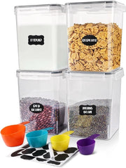 Set di 4 contenitori di conservazione in plastica BPA libero, 5,2L grandi, con coperchi, set di 4 contenitori di conservazione aereostatici con etichette, pennarelli e calibri, per la cucina, per farina, cereali, cornflakes, zucchero