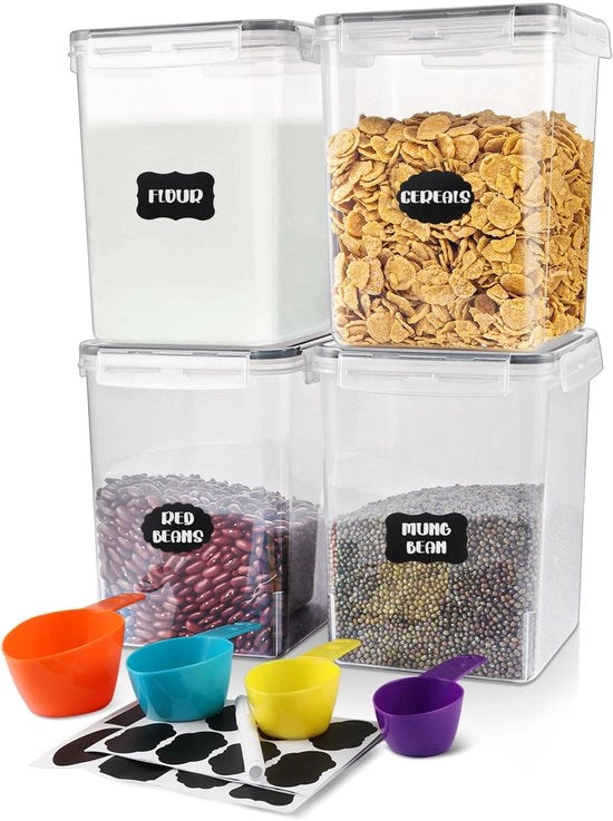 Set di 4 contenitori di conservazione in plastica BPA libero, 5,2L grandi, con coperchi, set di 4 contenitori di conservazione aereostatici con etichette, pennarelli e calibri, per la cucina, per farina, cereali, cornflakes, zucchero