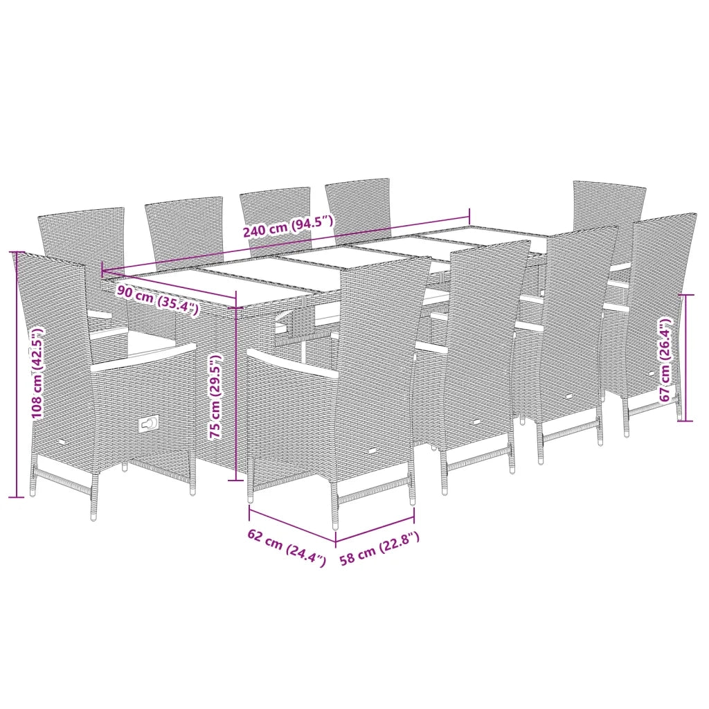 Set da Pranzo da Giardino 11pz con Cuscini in Polyrattan Grigio