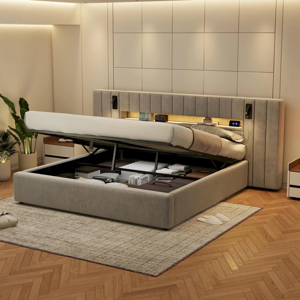 Letto imbottito 180 x 200 cm con USB, LED, lampada da comodino e contenitore, in velluto grigio