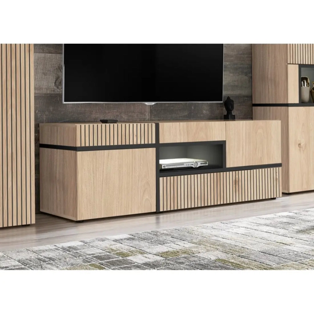 Mobile TV CRISS – 2 porte, 1 cassetto, LED – Rovere chiaro e nero