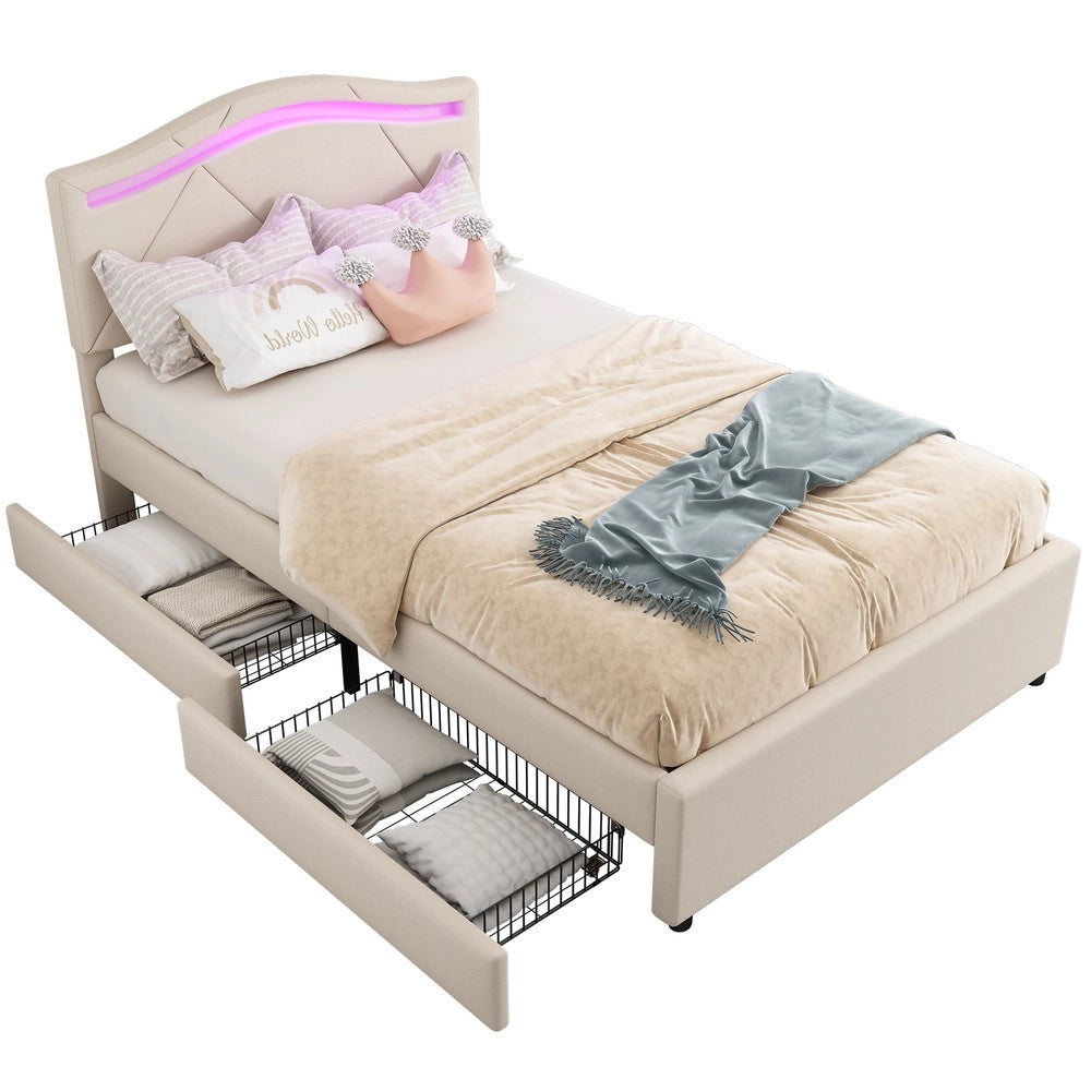 Letto Imbottito con LED e Cassetti ¨C Xylo ¨C Testiera Regolabile, Tessuto Beige, 90x200