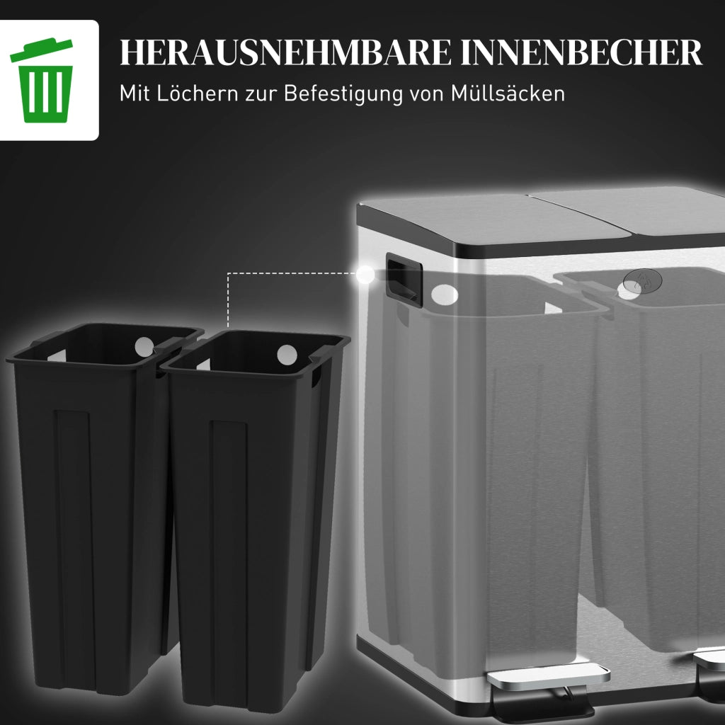 Pattumiera doppia 2x20L ¨C Xylo ¨C apertura a pedale, acciaio inox e plastica, argento