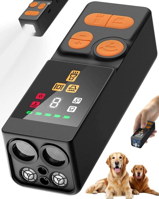 Ultrasuono 4X dispositivo di allontanamento del barking, apparecchio antibarking, 10 posizioni, 45 piedi di portata, ricaricabile e controllo del barking sicuro, per uso interno/esterno (nero + arancione)