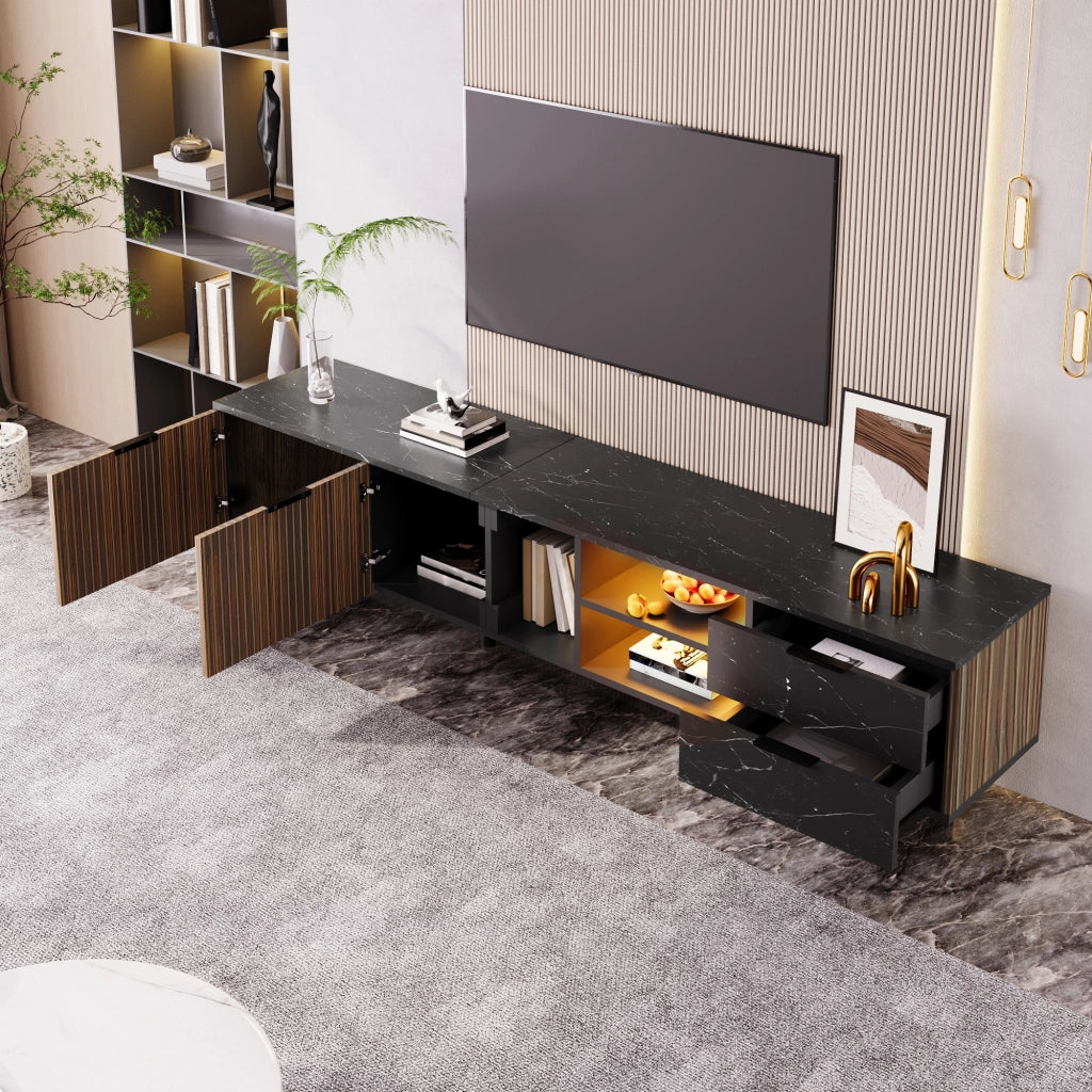 Cassettiera per TV nera e legno; in MDF; lunghezza 200 cm