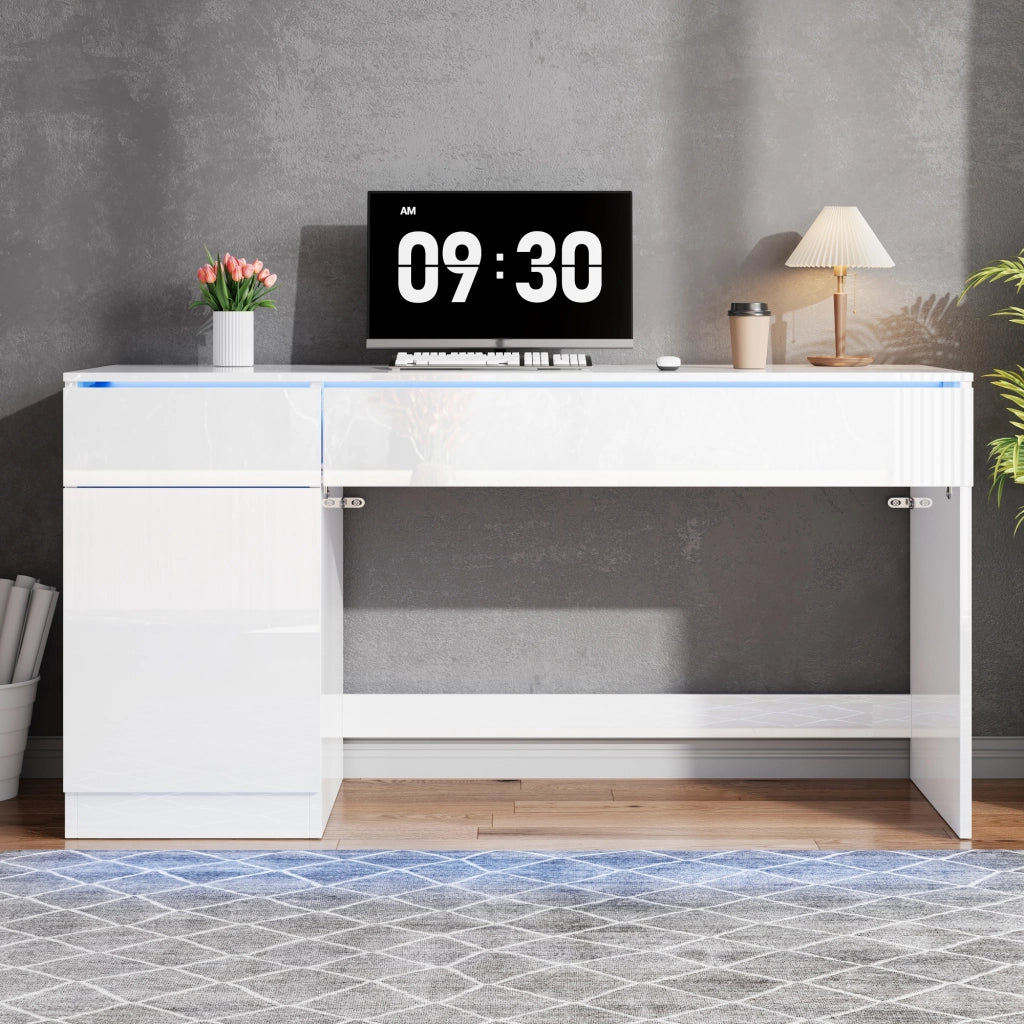 Scrivania lucida con LED, 2 cassetti e 1 vano, per studio e camera da letto, 120 × 50 × 78 cm