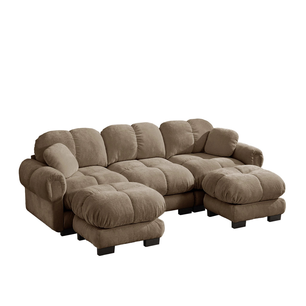 Divano angolare a U 3 posti con pouf mobile e 2 cuscini, Chenille, Marrone