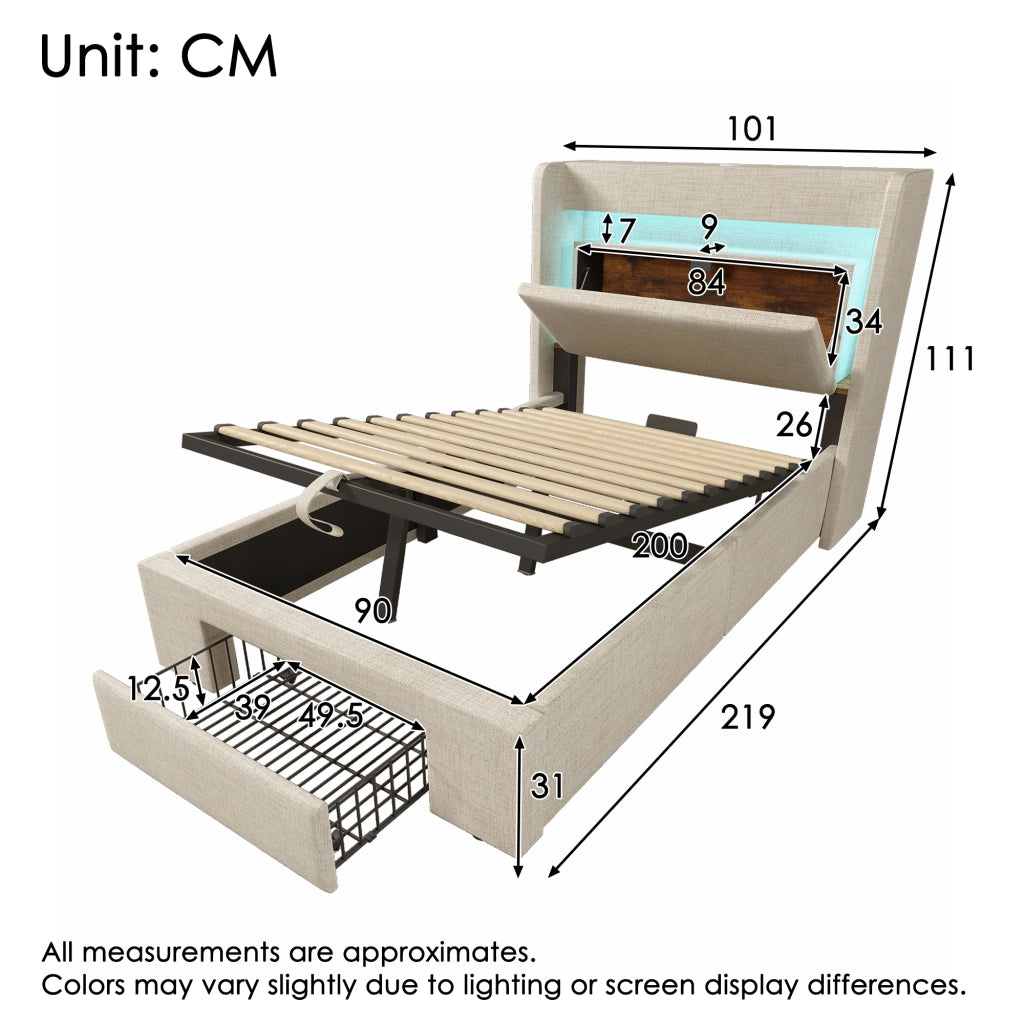 LETTO Contenitore 90x200 cm Beige in Lino con USB, USB-C e LED