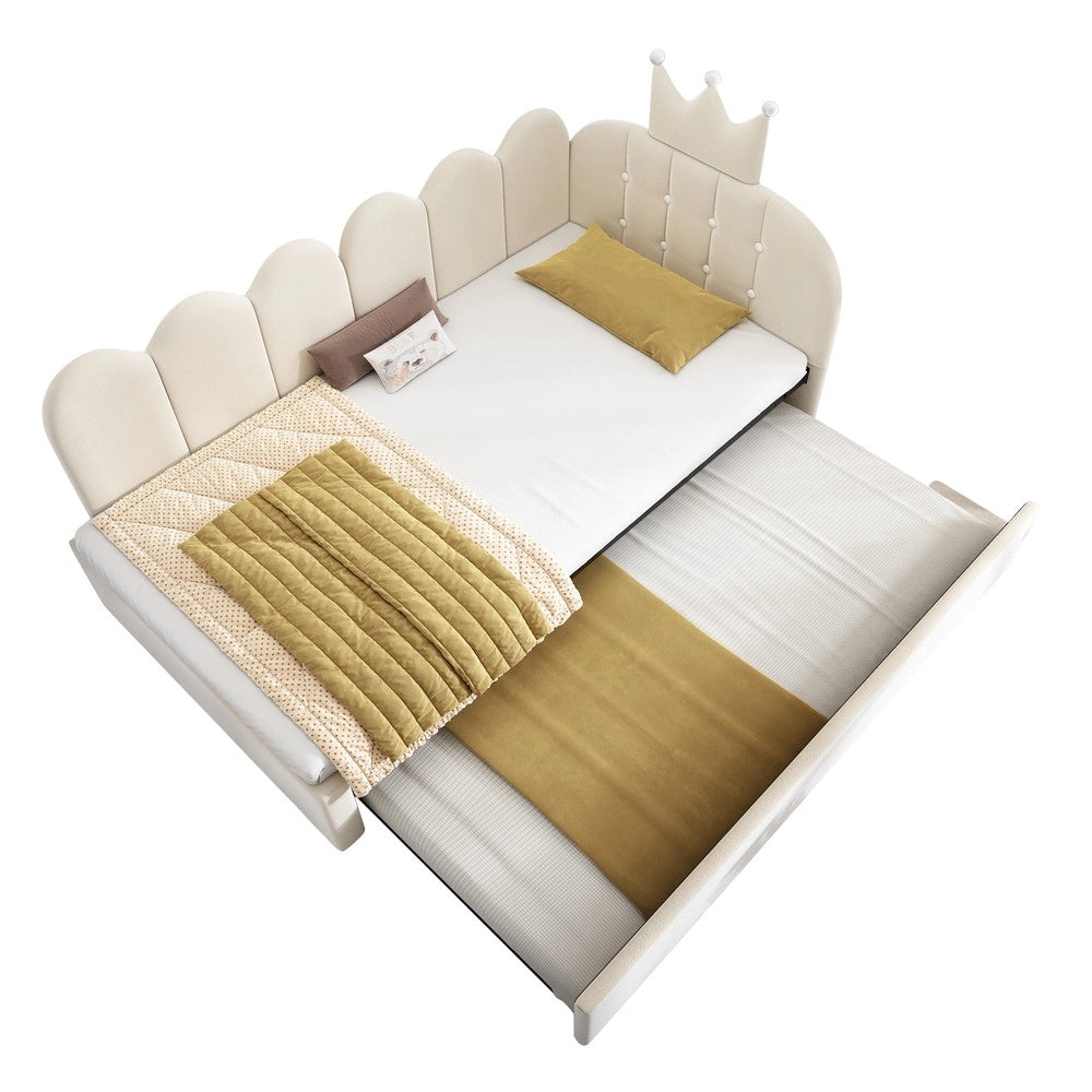 Divano letto estraibile - Zephmum- 90x200 cm- L-Form- Velluto- Beige- Design corona e griglia