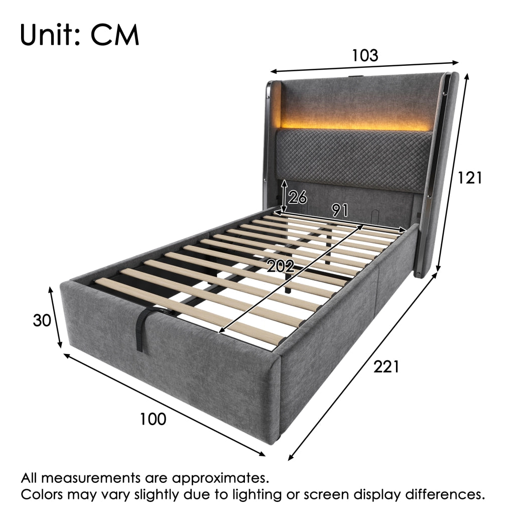 LETTO Contenitore 90x200 cm in Lino Grigio con LED e porte USB/Type-C