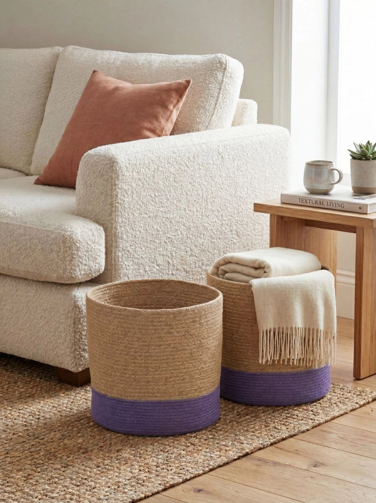 Set di 2 cesti in cotone beige e viola boho interno esterno