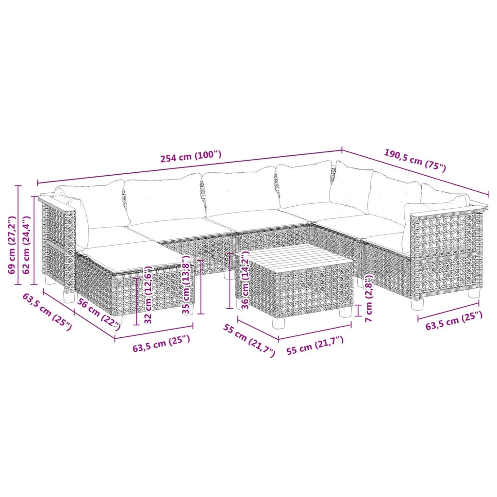 Set Divano da Giardino 8 pz con Cuscini Grigio in Polyrattan 3261945