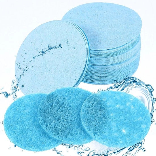 Saponetta per la cura della pelle - 50 pezzi - Pulizia compressa - Risciacquo riutilizzabile - Spugna per la pulizia della pelle - Diametro 6 cm - Blu cielo - Spugna per la pulizia