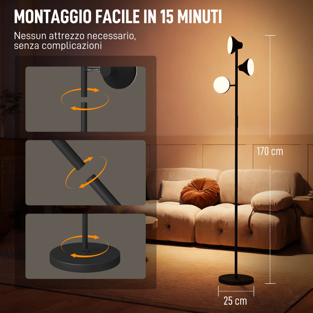 Lampada da Terra con 3 Teste Regolabili ¨C Xylo ¨C Telecomando Timer Acciaio Plastica ?25x170cm Nero