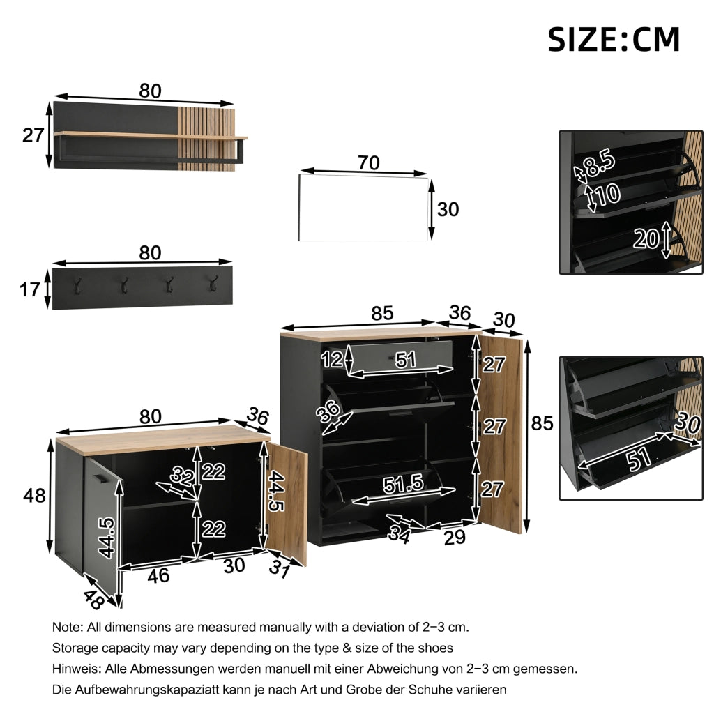 Set da ingresso a 5 pezzi con 2 mobili, specchio, mensola e 4 ganci, colore naturale e nero