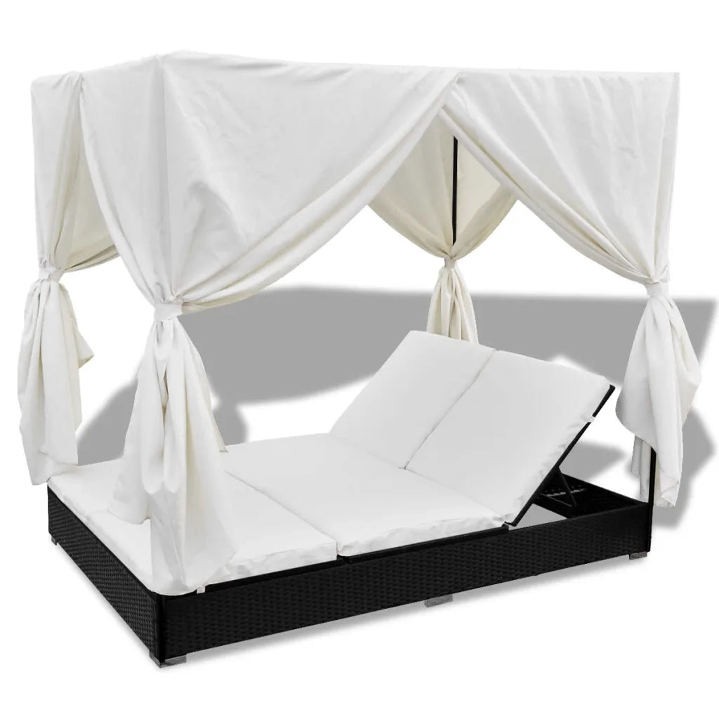 Lettino Prendisole con Tende in Polyrattan Nero 42948