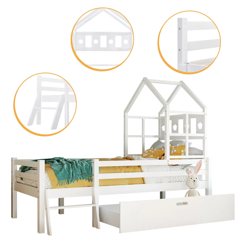 Letto a castello per bambini - Zephmum- Con scala e cassetti, 90x200cm, Bianco