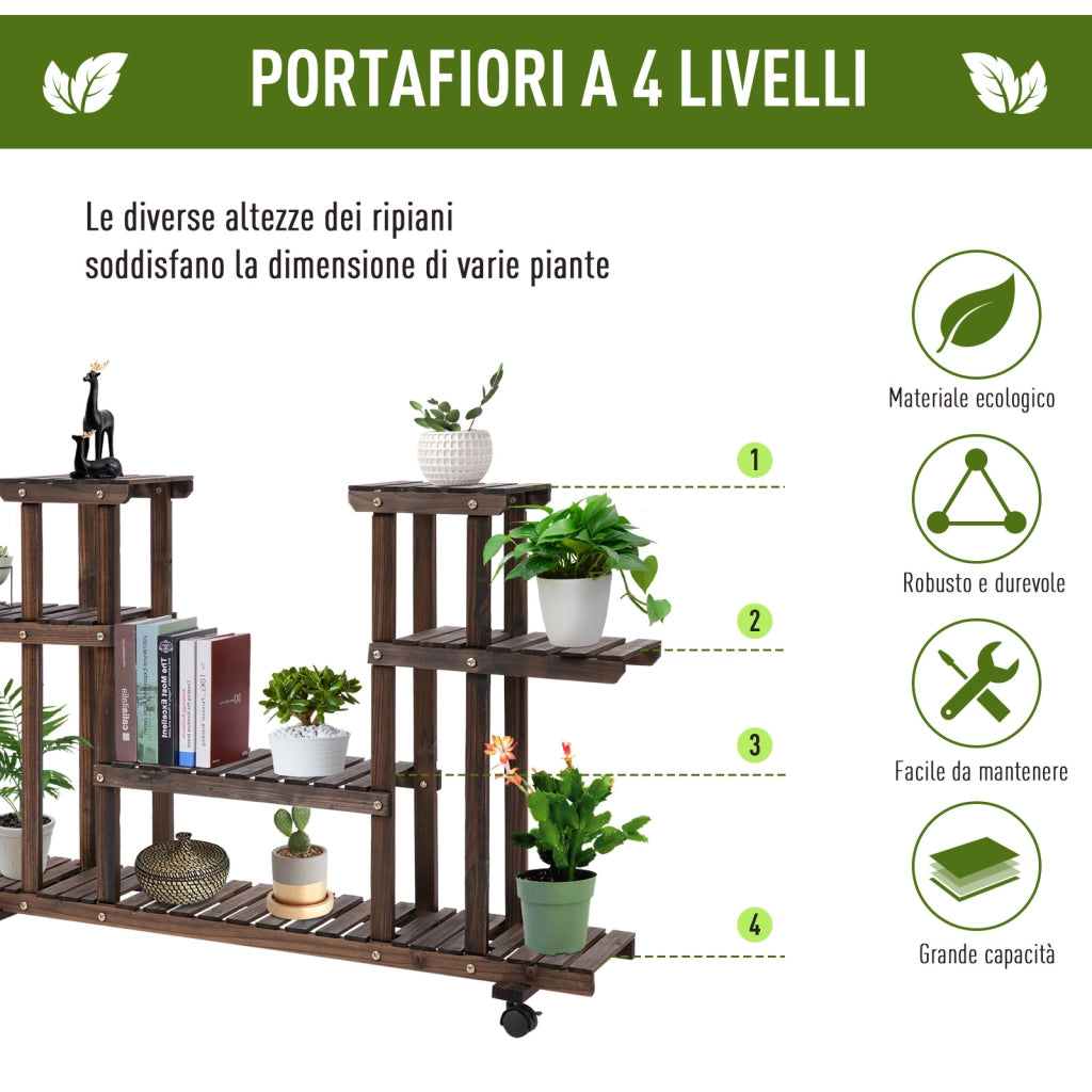 Scaffale Portafiori 4 Livelli ¨C Xylo ¨C Legno con Ruote 123.5x33x80cm