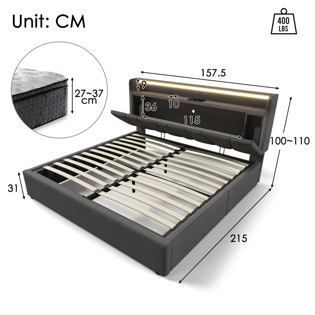 LETTO Contenitore 140x200 cm Grigio in Lino con testiera USB e LED