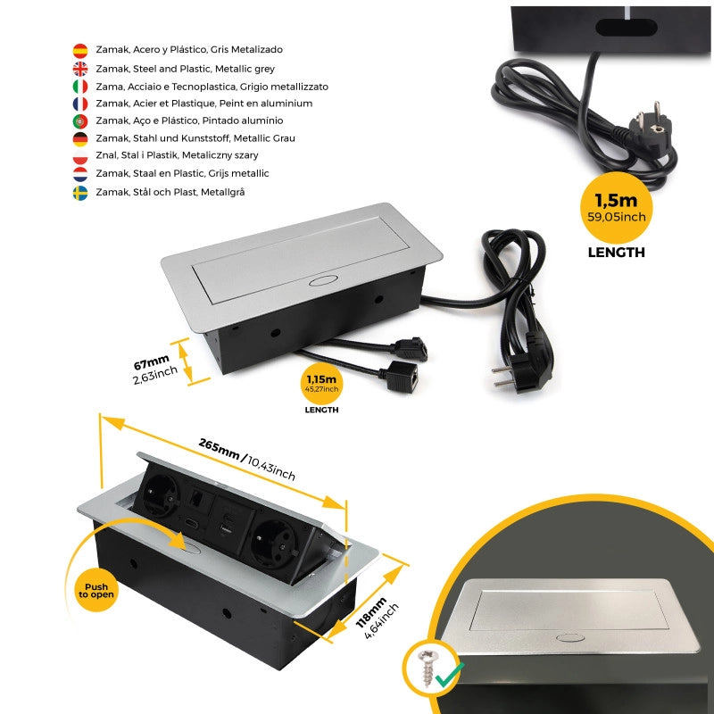 Multiconnettore con coperchio scorrevole Vertikal Flat 60, diametro 60 mm, 1 presa Schuko, 1 USB Tipo A, 1 USB Tipo C,..