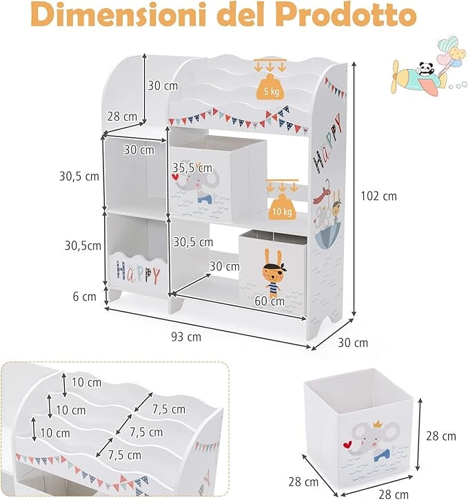Armadio per Bambini, Scaffale di Legno con 3 Livelli e 5 Scompartimenti, 2 Cassetti in Tessuto e 3 Spazi per Giocattoli e Libri, Scaffale Verticale per Bambini, Bianco (Pirata Animale)