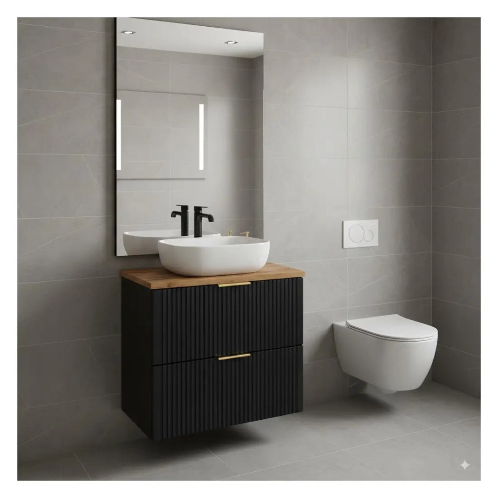 Set mobile sottolavabo NOXERA 80 cm – Nero opaco e rovere – 2 cassetti + lavabo
