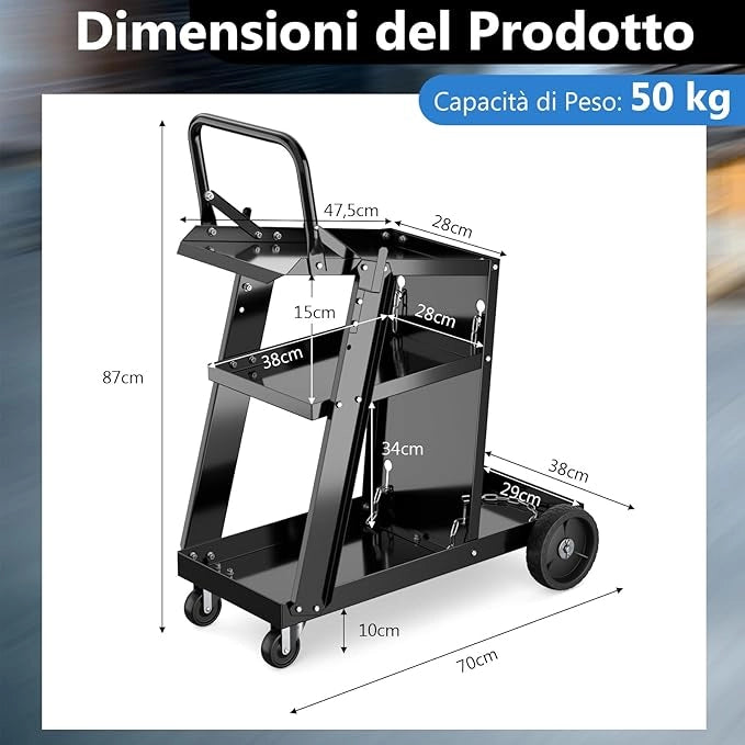 Carrello da Saldatura a 3 Livelli, Carrello per Saldatore con Struttura in Metallo, 4 Ruote Bloccabili Universal e Spazio per Serbatoio con Catene Anti-Ribaltamento, Carrello per Officina