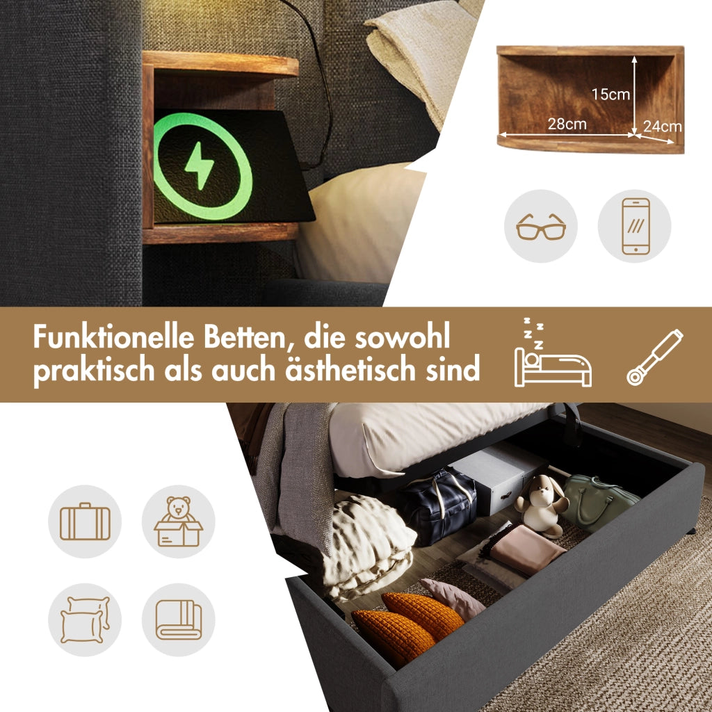 LETTO Contenitore 180x200 cm Grigio in Lino con USB e Lampada da Lettura
