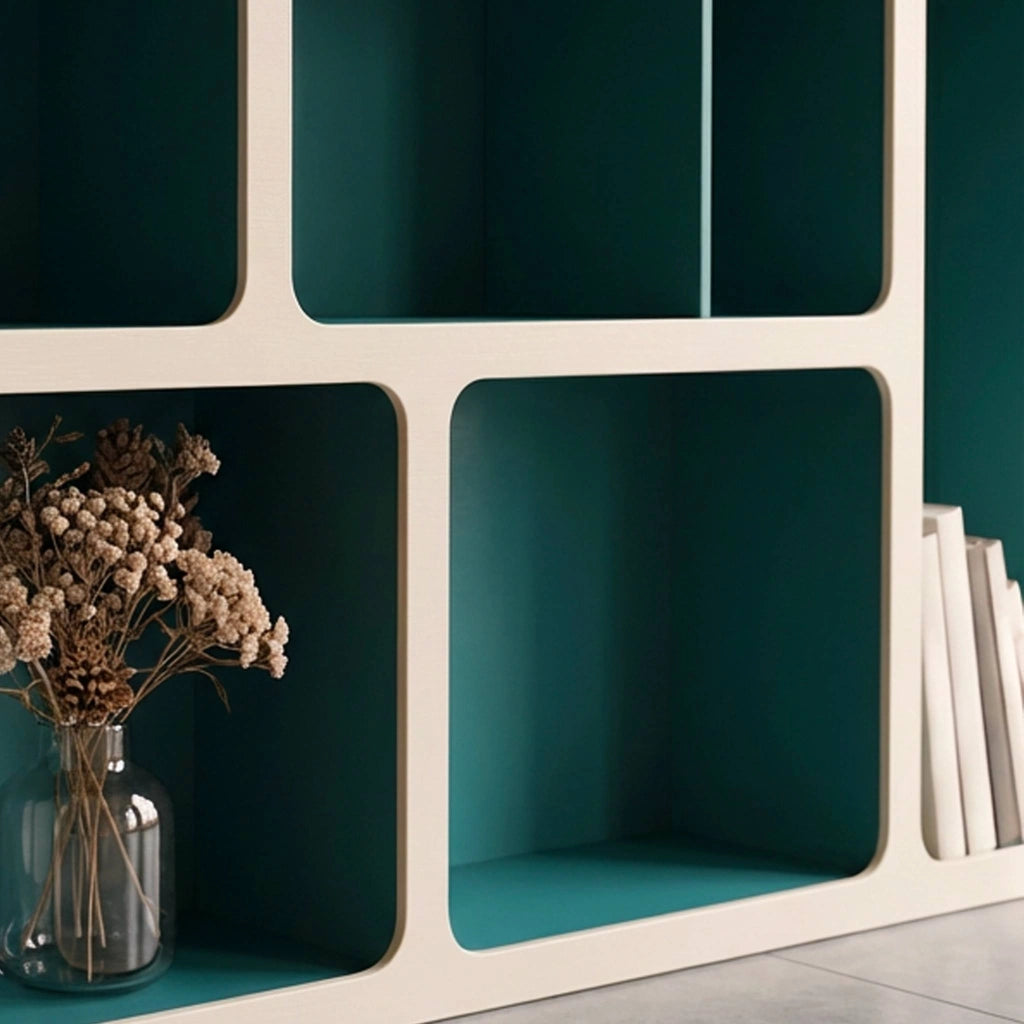 Libreria organica in legno bicolore con 8 scomparti, blu
