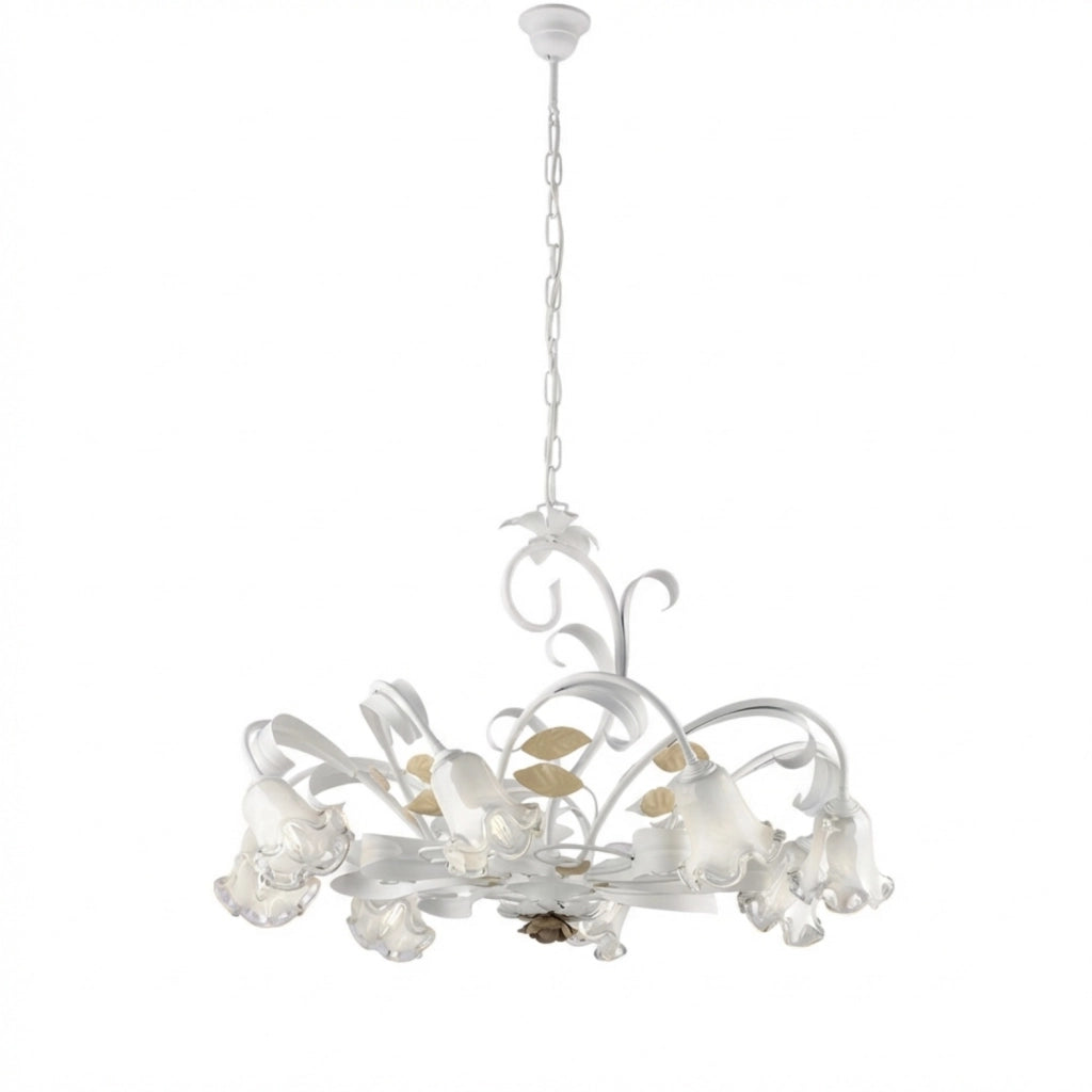 Lampadario Arte Povera Cesto Metallo Bianco E Oro 8 Luci E14