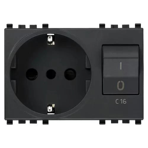 VIMAR EIKON - PRESA 2P+T 16A P30 INTERBLOCCATA CON INTERRUTTORE AUTOMATICO MAGNETOTERMICO C16 GRIGIO