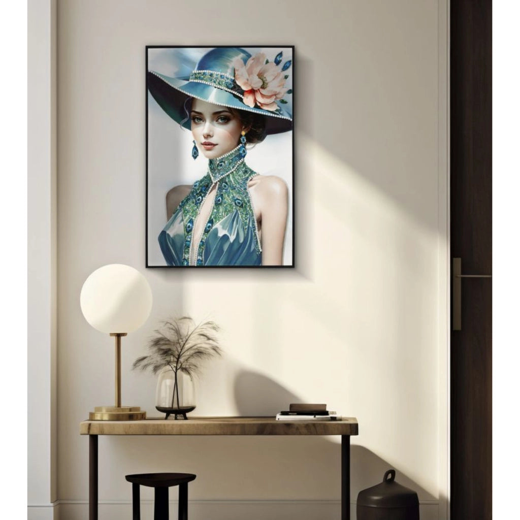 Dipinto su tela Pam B dama con cappello blu e smeraldi, 62x92 cm