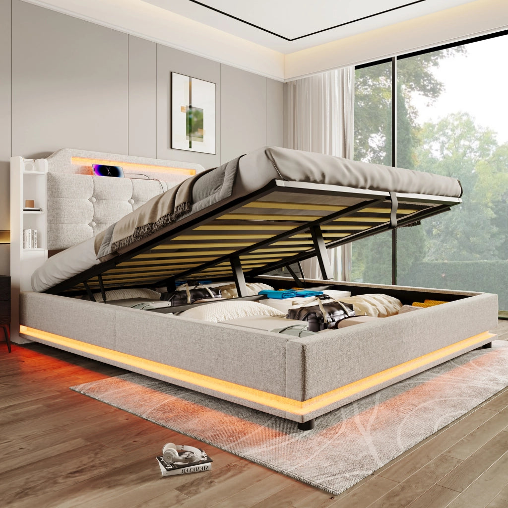 LETTO imbottito 140x200 cm in lino beige con LED e contenitore idraulico