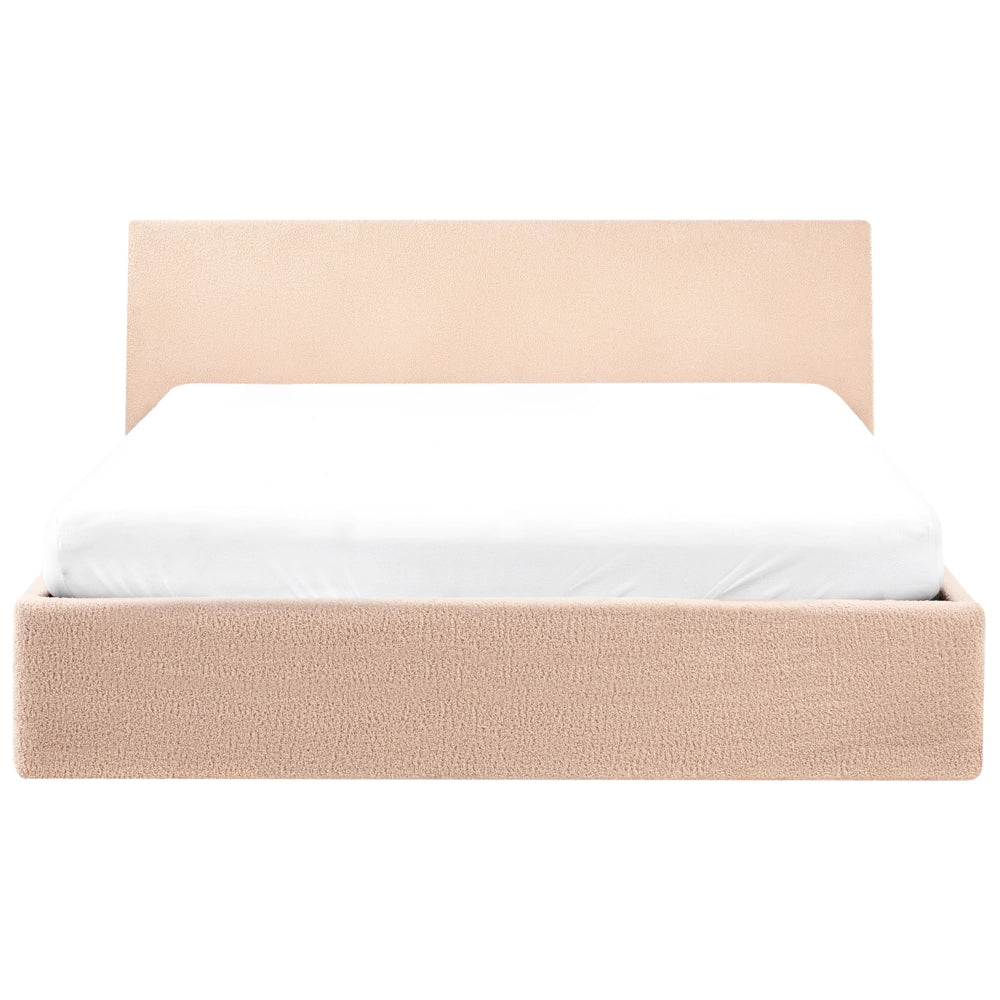 Letto imbottito in bouclé beige 160 x 200 cm con contenitore per testata elevabile