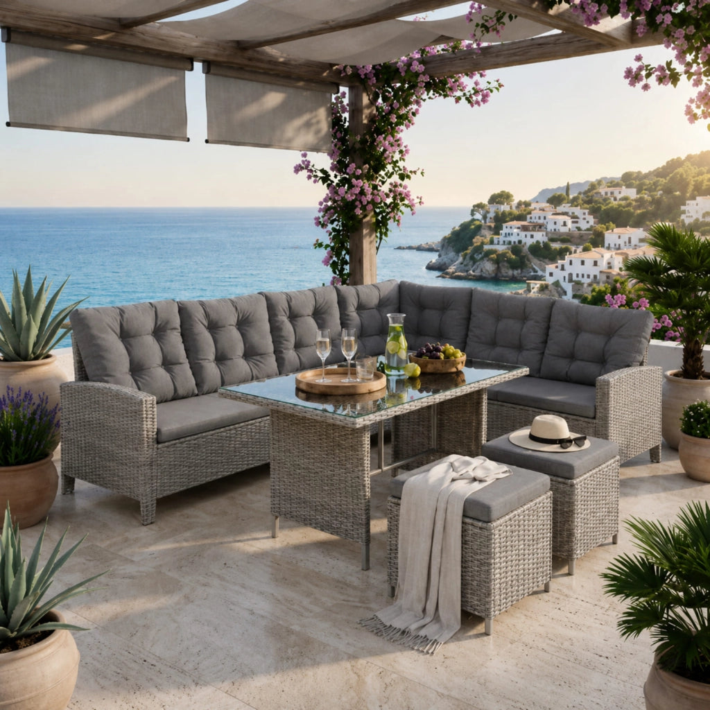 Salotto Da Giardino In Polyrattan Angolare Con Due Pouf Tavolino Con Doppio Ripiano In Vetro E Morbidi Cuscini Arredo Moderno Per Patio Balcone Veranda Piscina E Outdoor Grigio