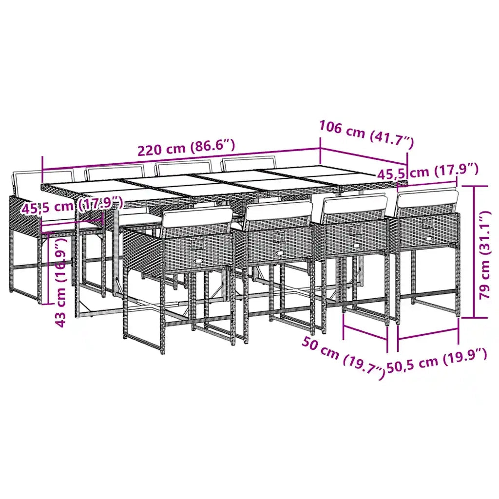 Set da Pranzo da Giardino 9 pz con Cuscini in Polyrattan Grigio