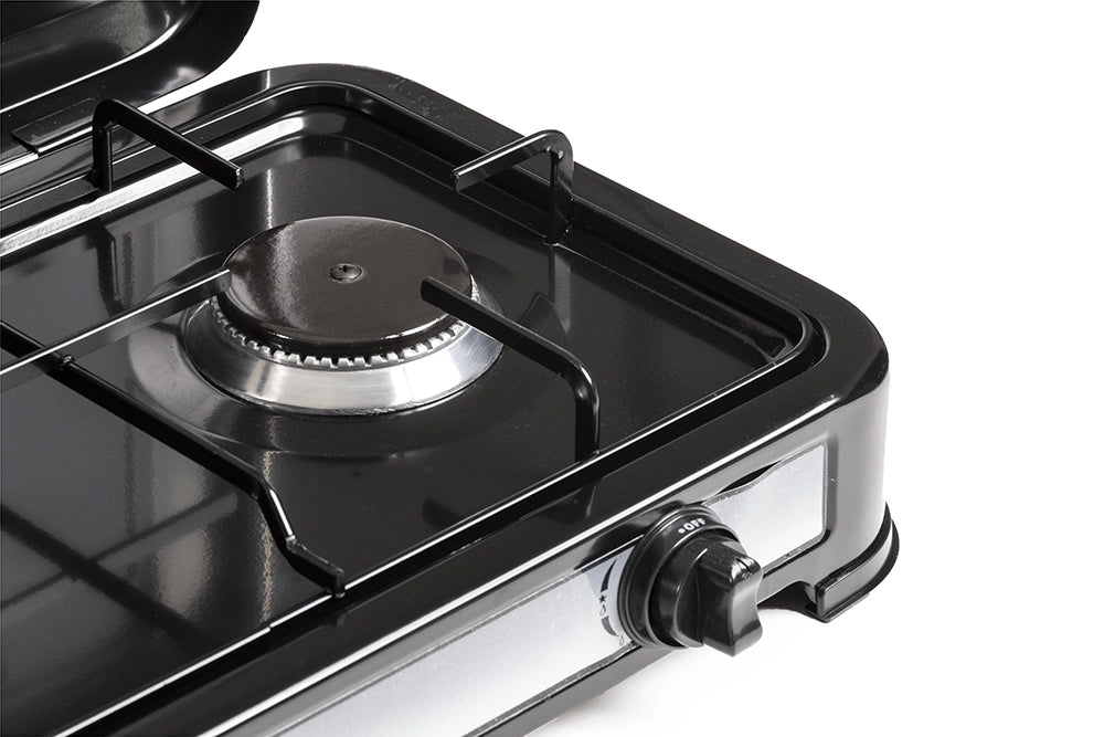 Melchioni Family Fornello a Gas da Campeggio MINERVA 2 con 2 Fuochi Fornelletto GPL Portatile con Coperchio Griglia e Fuochi Removibili Nero