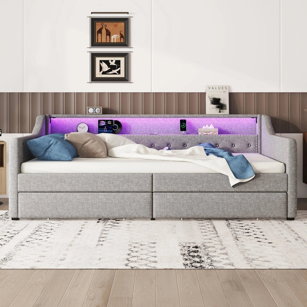 Letto Singolo Divano con Doghe e Cassetti ¨C MINIMAL ¨C Grigio, LED, 90x200